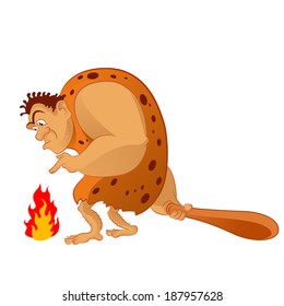 Vector image of an cartoon caveman and the fire