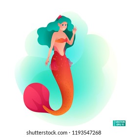 Vector image. Cartoon character, a beautiful mermaid with a red tail and green hair waving his hand.