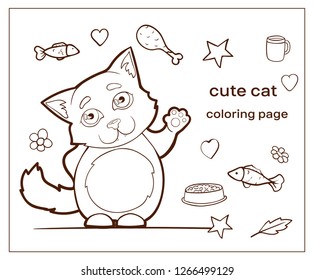 Vector image. Cartoon character cat doodle hand drawn. Coloring page, pets. Kitten waving a paw