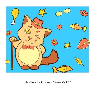 Vector image. Cartoon character cat doodle hand drawn. Line art colored background. The kitten in a hat and a cane winks coquettishly.