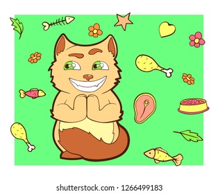 Vector image. Cartoon character cat doodle hand drawn. Line art colored background. Sly kitten smiles broadly.