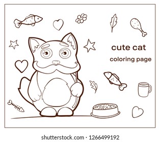 Vector image. Cartoon character cat doodle hand drawn. Coloring page, pets. Funny kitty with false mustache.
