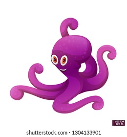 Vector image. Cartoon character cute purple octopus smiling.
