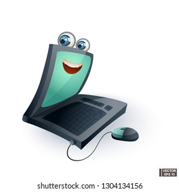 Vector image. Cartoon character cute laptop smiling.