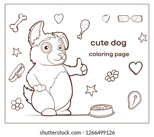 Vector image. Cartoon character dogs doodle hand drawn. Coloring page, pets. Cute dog shows thumb up, approves.