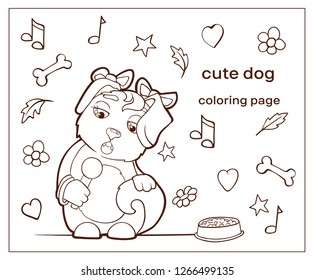 Vector image. Cartoon character dogs doodle hand drawn. Coloring page, pets. Girl puppy with bows sings.