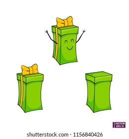 Vector image. Cartoon character gift and simple cartoon box. Green gift box icons.