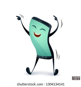 Vector image. Cartoon character happy phone dancing.