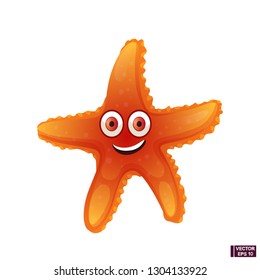 Vector image. Cartoon character orange starfish isolated on white background smiling.