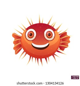 Vector image. Cartoon character orange fish hedgehog. Funny blowfish is smiling.