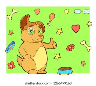 Vector image. Cartoon character puppy doodle hand drawn. Line art colored background. Cute dog shows thumb up, approves.