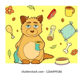 Vector image. Cartoon character puppy doodle hand drawn. Line art colored background. Sleepy dog with a cup of coffee.