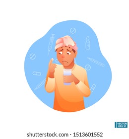 Vector image. Cartoon character sad sick guy. Man holds a pill and a glass of water.
