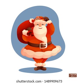 Vector image. Cartoon character Santa Claus feeds a mouse with cheese.