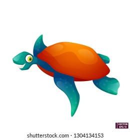 Vector image. Cartoon character sea turtle on a white background. Blue tortoise with orange shell smiling.