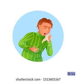 Vector image. Cartoon character sick man coughs and holds a handkerchief.