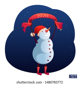 Vector image. Cartoon character snowman in a red hat wishes a happy new year.