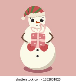 Vector image of a cartoon character. Snowman with a gift in his hands. An isolated drawing without outlines. The symbol of the new year and christmas. Gift Box in wrapping paper with ribbon.