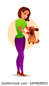 Vector image. Cartoon character young woman playing with a dog. Girl holds a puppy.