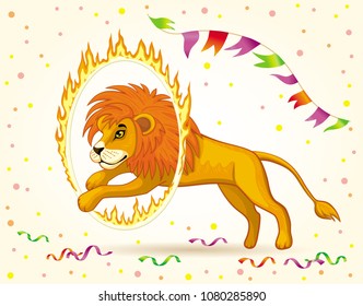 Vector image of a cartoon circus Lion jumping through a burning Hoop