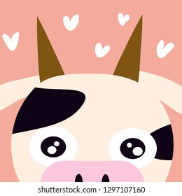vector image of a cartoon cow head on a peach background with hearts