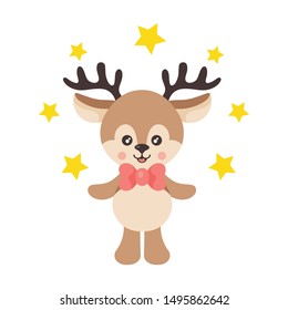 Vector image of a cartoon cute deer with tie and stars