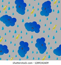 Vector image of cartoon face cloud seamless pattern.Rain drop,lightning.Grey background