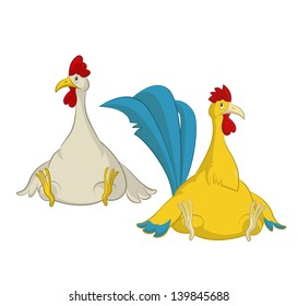 Vector image of cartoon fat sitting chikens