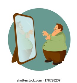Vector image of cartoon fatso and the mirror