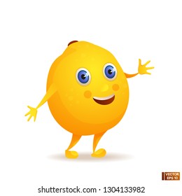 Vector image. Cartoon fruit character yellow lemon. Healthy vegetarian food.