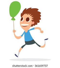 Vector image of cartoon funny boy with big eyes with brown hair in a dark blue shorts and a blue t-shirt running with a green balloon in his hand on a white background. Vector illustration.