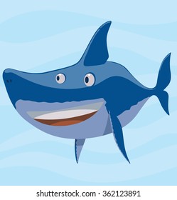 Vector image of cartoon funny curious blue shark on a light blue sea background. Sea life. Vector illustration.
