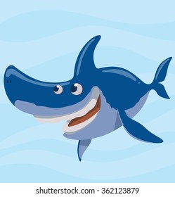 Vector image of cartoon funny happy blue shark on a light blue sea background. Sea life. Vector illustration.
