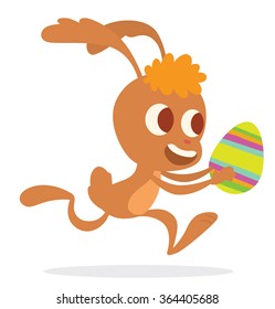 Vector image of cartoon funny light brown Easter Bunny with orange forelock running with colorful Easter egg in his paws on a white background. In the theme of Easter. Vector illustration.