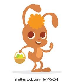 Vector image of cartoon funny light brown Easter Bunny with orange forelock with a brown basket of colorful Easter eggs in his paw on a white background. In the theme of Easter. Vector illustration.