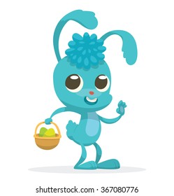 Vector image of a cartoon funny light blue Easter Bunny with blue forelock with a brown basket of colorful Easter eggs in his paw on a white background with shadows. Easter. Vector illustration.