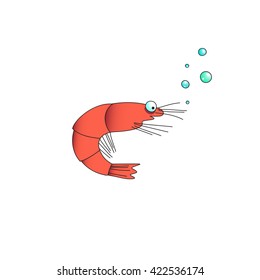 Vector image of a cartoon funny shrimp with bubbles. Isolated illustration. EPS 10.
