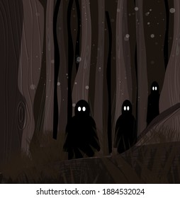 Vector image of cartoon illustration of creepy night atmosphere in the forest