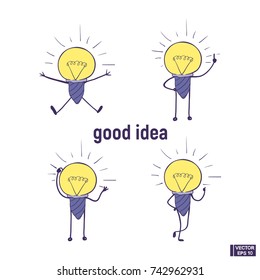 Vector image. A cartoon lamp with handles and legs set. A cute little light bulb icon of emotions, thinks, invented, rejoices, approves, thumbs up. Good idea.