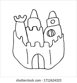 Vector image. Cartoon line art hand drawn sand castle, fort or fortress with towers. Cute isolated sketch. Children's coloring. For the design of websites and magazines about vacation and vacation.