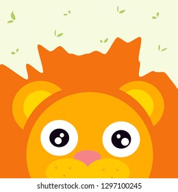 vector image of a cartoon lion head on a light green background with leaves