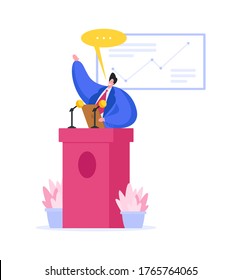 Vector image of cartoon male mayor with speech bubble standing near microphone of stage tribune and presenting results of increasing economy