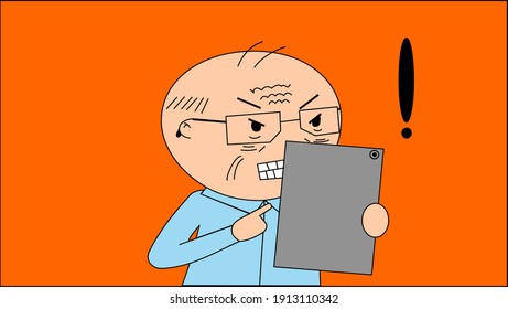 Vector image cartoon of an older man with angry face because he is frustrated with using his tablet. He is holding up the tablet and staring at it.  
