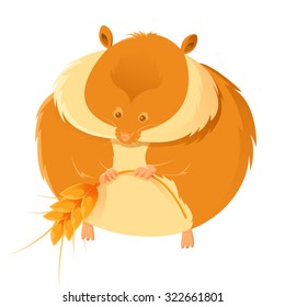 Vector image of a cartoon orange hamster and wheat