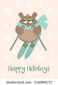Vector image of a cartoon owl on skis in a scarf. Winter New Year and Christmas illustration. Hand-drawn greeting card against the backdrop of snowflakes.