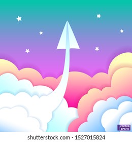 Vector image. Cartoon paper airplane flies up to the starry sky.