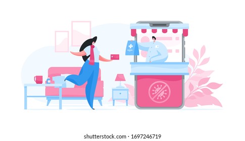 Vector image of cartoon people character woman in flat style with credit card buying medication via online app on smartphone while staying home on quarantine