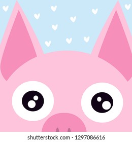 vector image of a cartoon pig head on a blue background with hearts