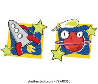 Vector image, cartoon of rocket, planet and stars in space