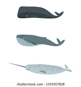 vector image of cartoon sea animals. Cartoon whale, sperm whale and narwhal (or unicorn fish). Suitable for poster or postcard. Print for clothes.